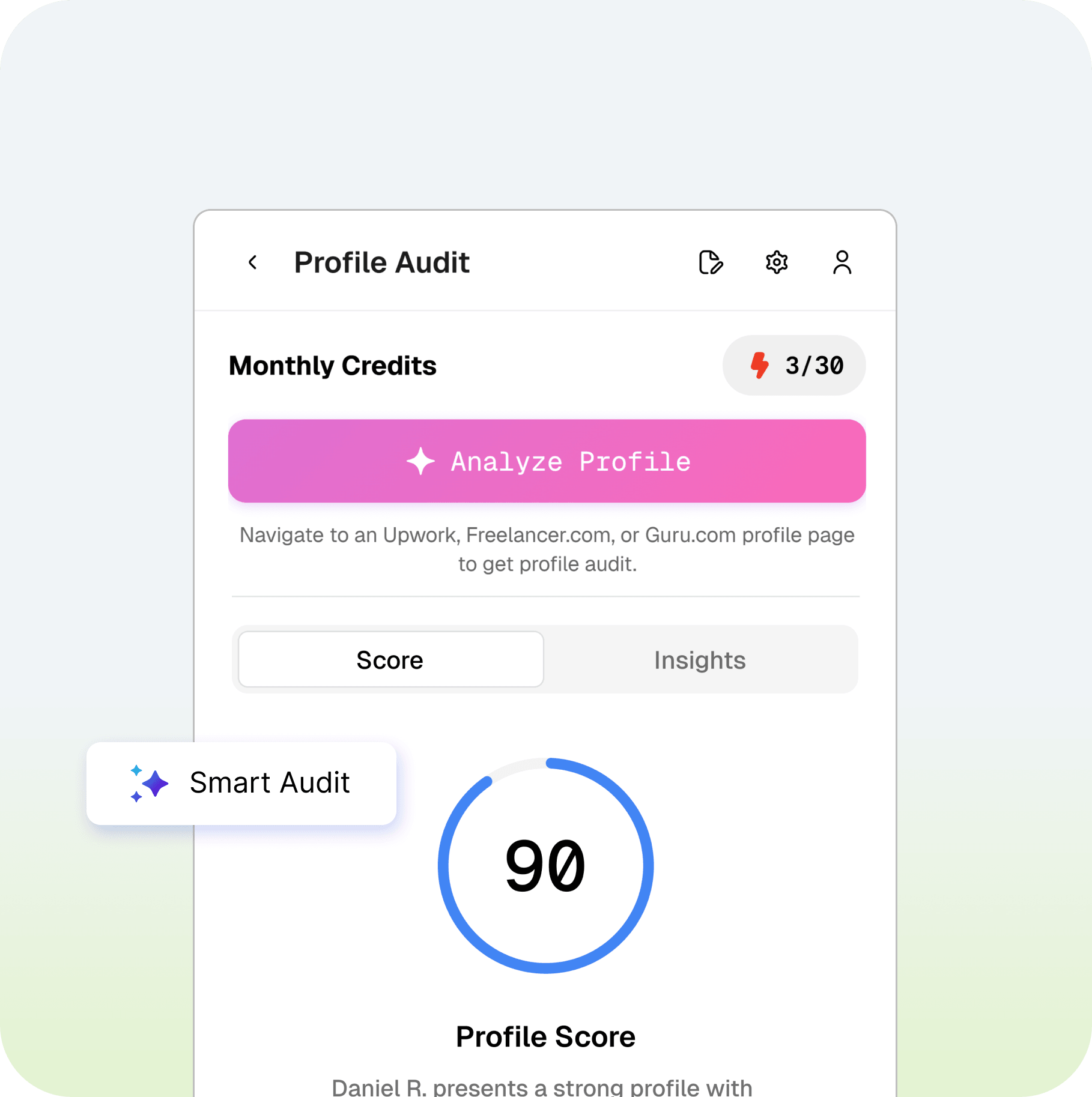AI Profile Analysis Dashboard showing profile audit with score and insights